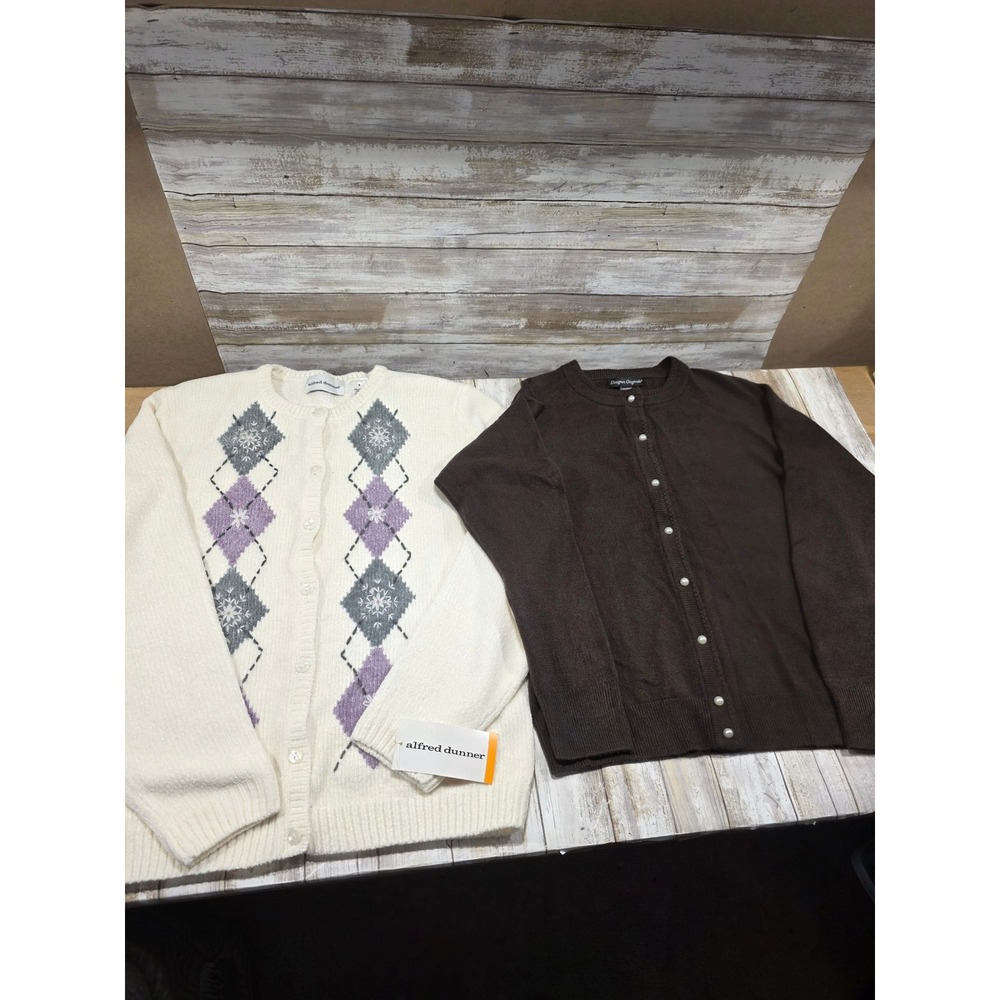 Alfred Dunner Ivory Argyle Cardigan & Designers Originals Brown Sweater Womens S